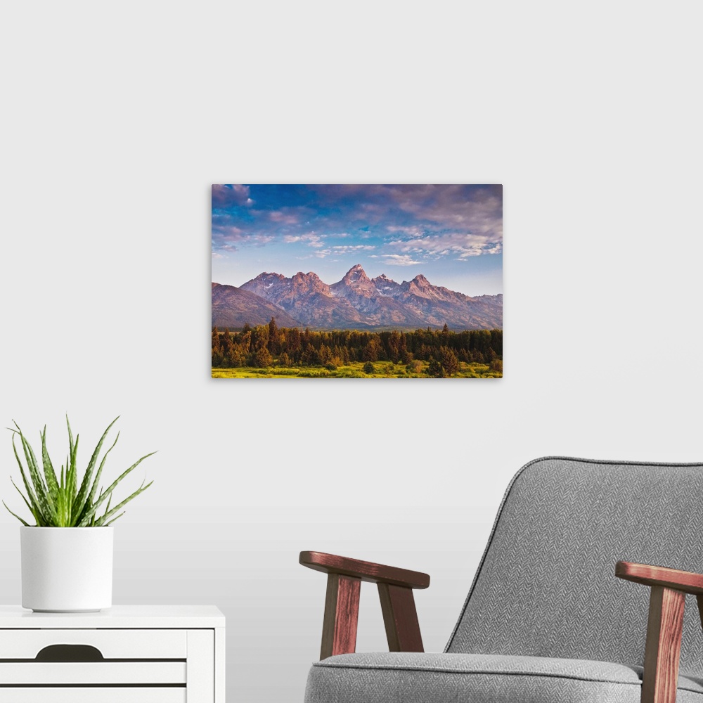 A modern room featuring Teton Front Range and Conifers at Sunrise, Antelope Flats, Grand Teton National Park, Wyoming.
