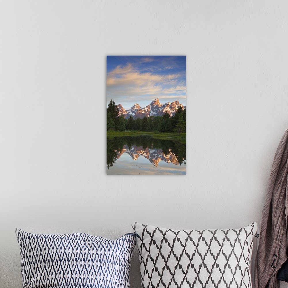 A bohemian room featuring Teton Mountain reflected in backwater of Snake River at Scwabacher Landing in Grand Teton Nationa...