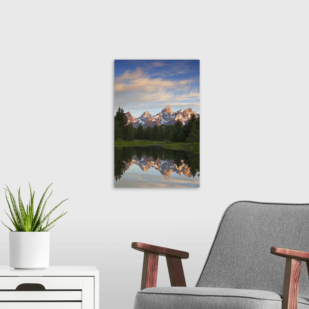A modern room featuring Teton Mountain reflected in backwater of Snake River at Scwabacher Landing in Grand Teton Nationa...