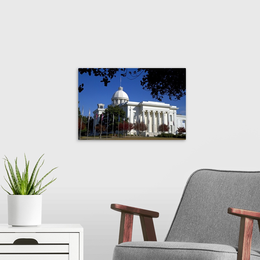 A modern room featuring The Alabama State Capitol Building located on Goat Hill in Montgomery, Alabama, USA.
