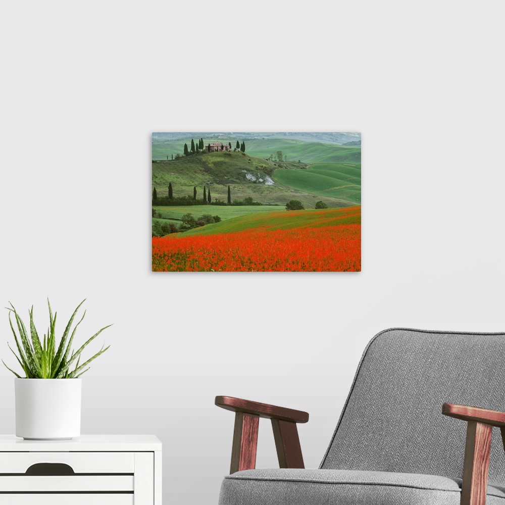 A modern room featuring Europe, Italy, Tuscany. The Belvedere villa landmark and farmland. Credit: Dennis Flaherty
