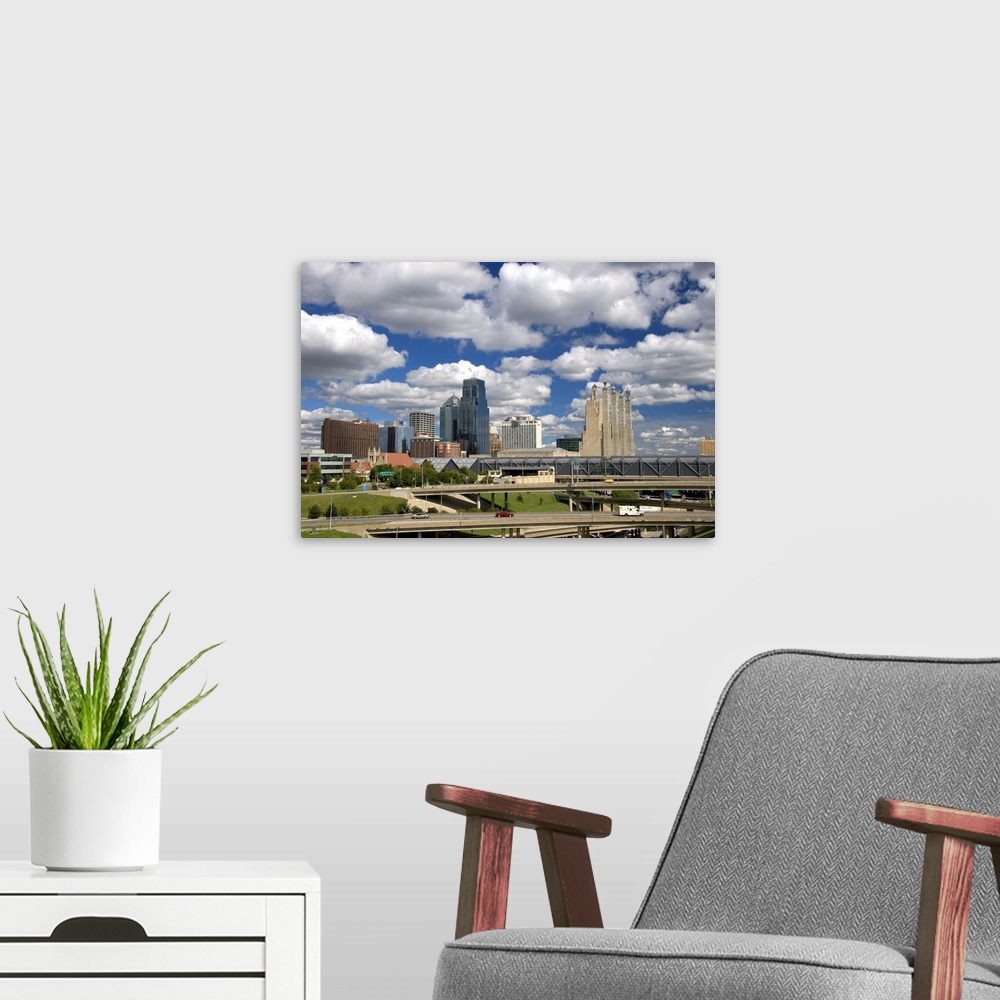 A modern room featuring The cityscape and I-35 interchange of Kansas City, Missouri.