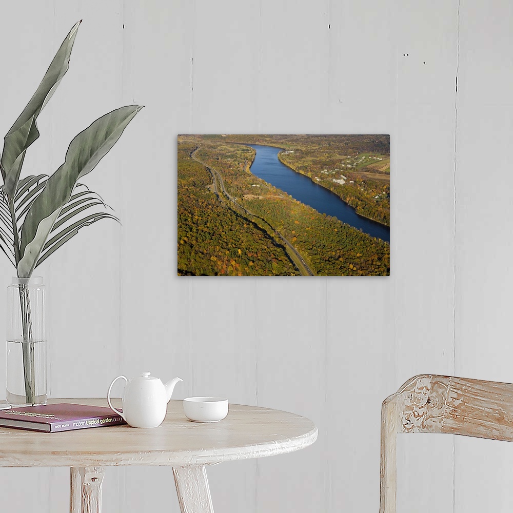 A farmhouse room featuring The Connecticut River in Holyoke and South Hadley, Massachusetts.  Interstate 91 parallels the ri...