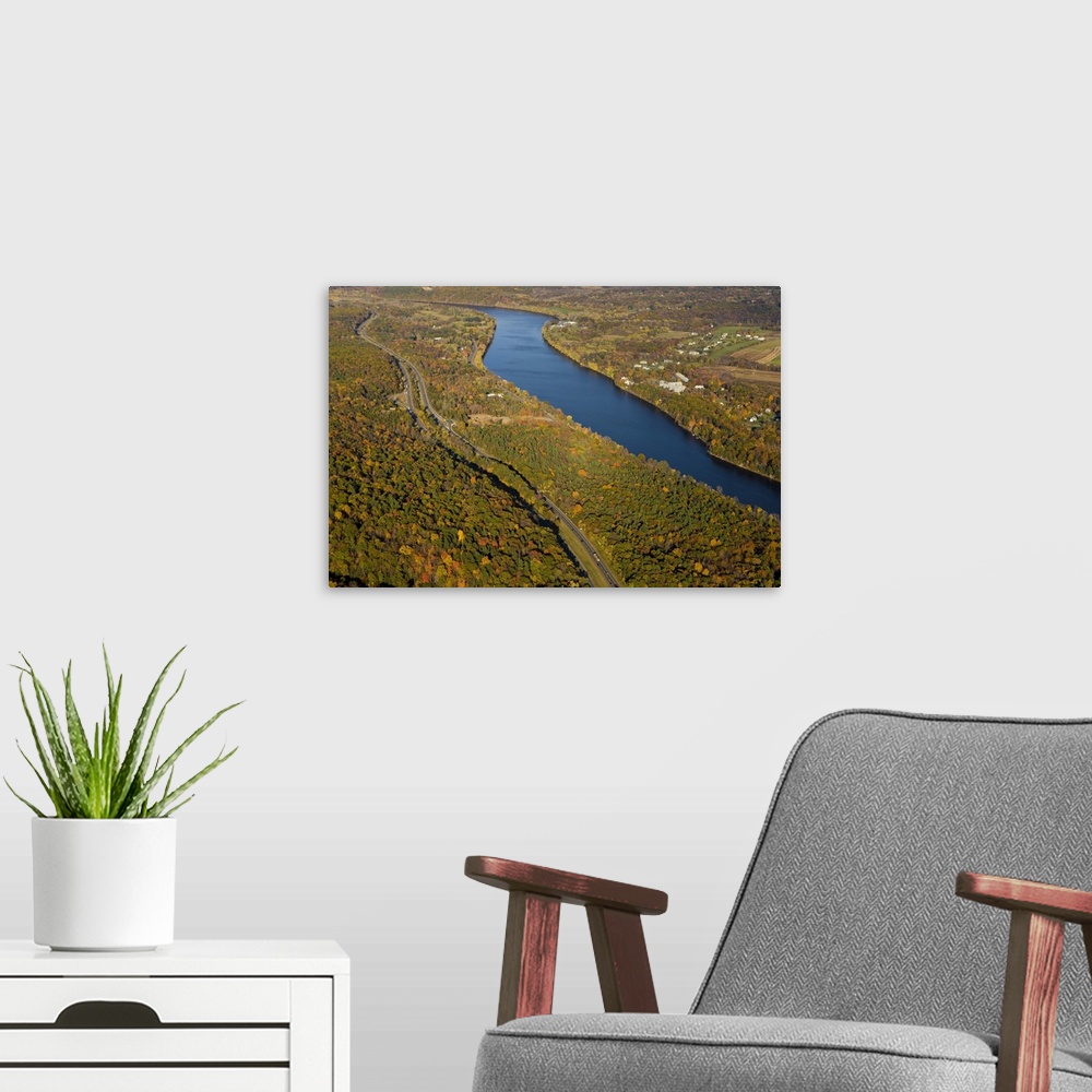 A modern room featuring The Connecticut River in Holyoke and South Hadley, Massachusetts.  Interstate 91 parallels the ri...