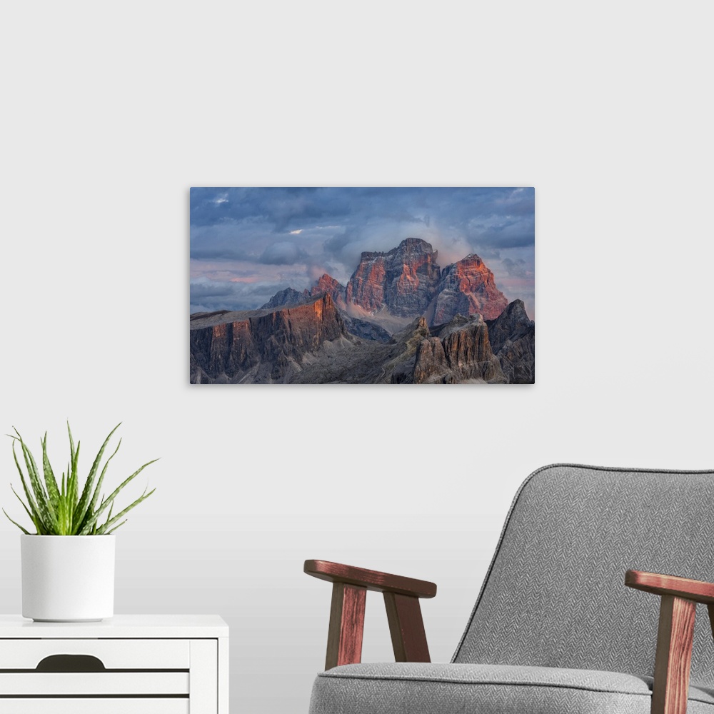 A modern room featuring The dolomites in the Veneto. Monte Pelmo, Averau, Nuvolau and Ra Gusela in the background. The Do...