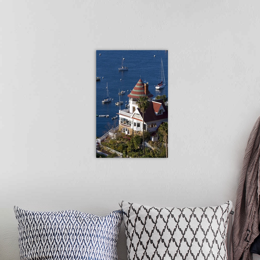 A bohemian room featuring The Holly Hill House overlooking Avalon Harbor on Catalina Island, California, USA.