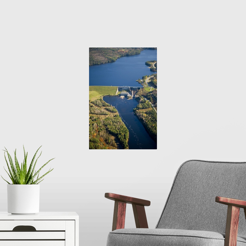 A modern room featuring The Moore Dam and Moore Reservoir on the Connecticut River in Littleton, New Hampshire.