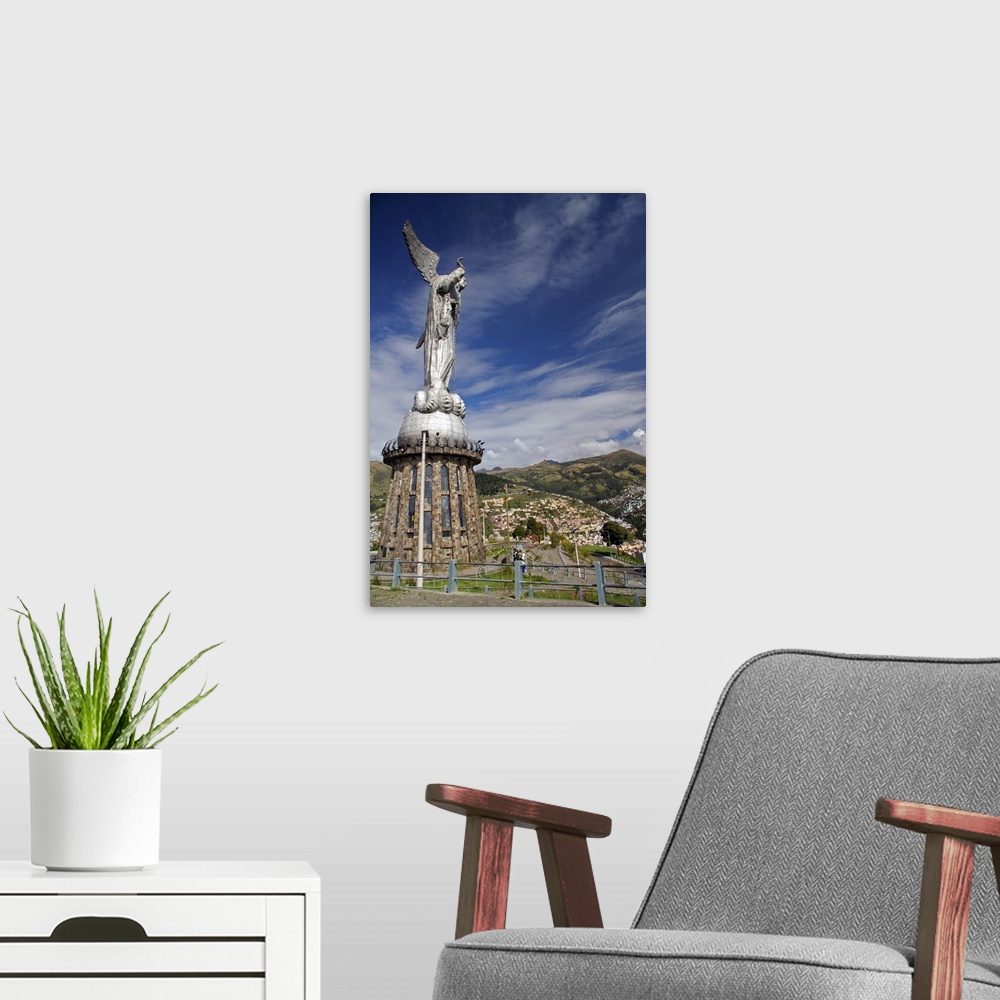 A modern room featuring Ecuador, Quito. The Virgin of Panecillo watches over Quito, A UNESCO World Heritage Site.