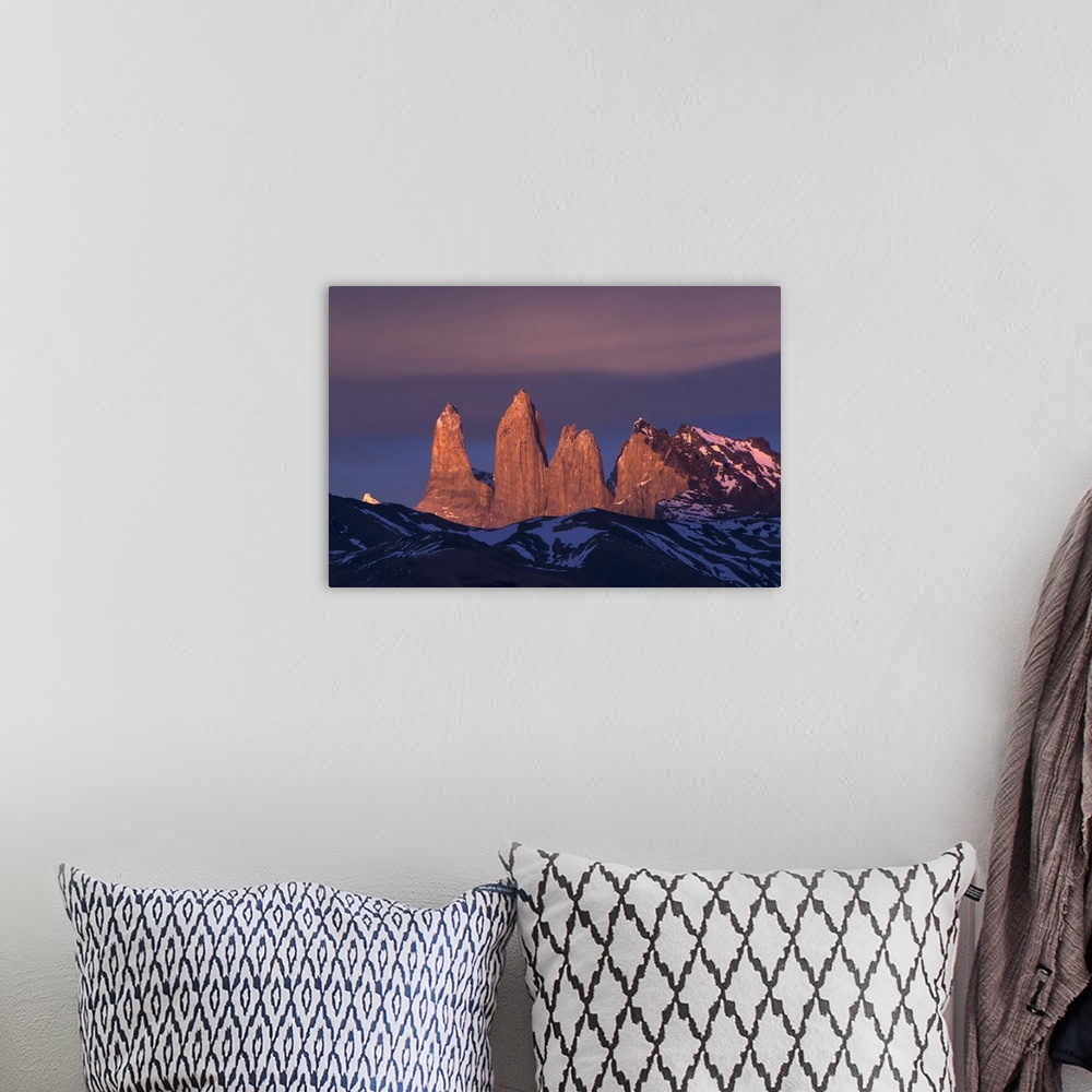 A bohemian room featuring Torres del Paine, 3 granite peaks of Paine mountain range, Torres del Paine National Park, Patago...