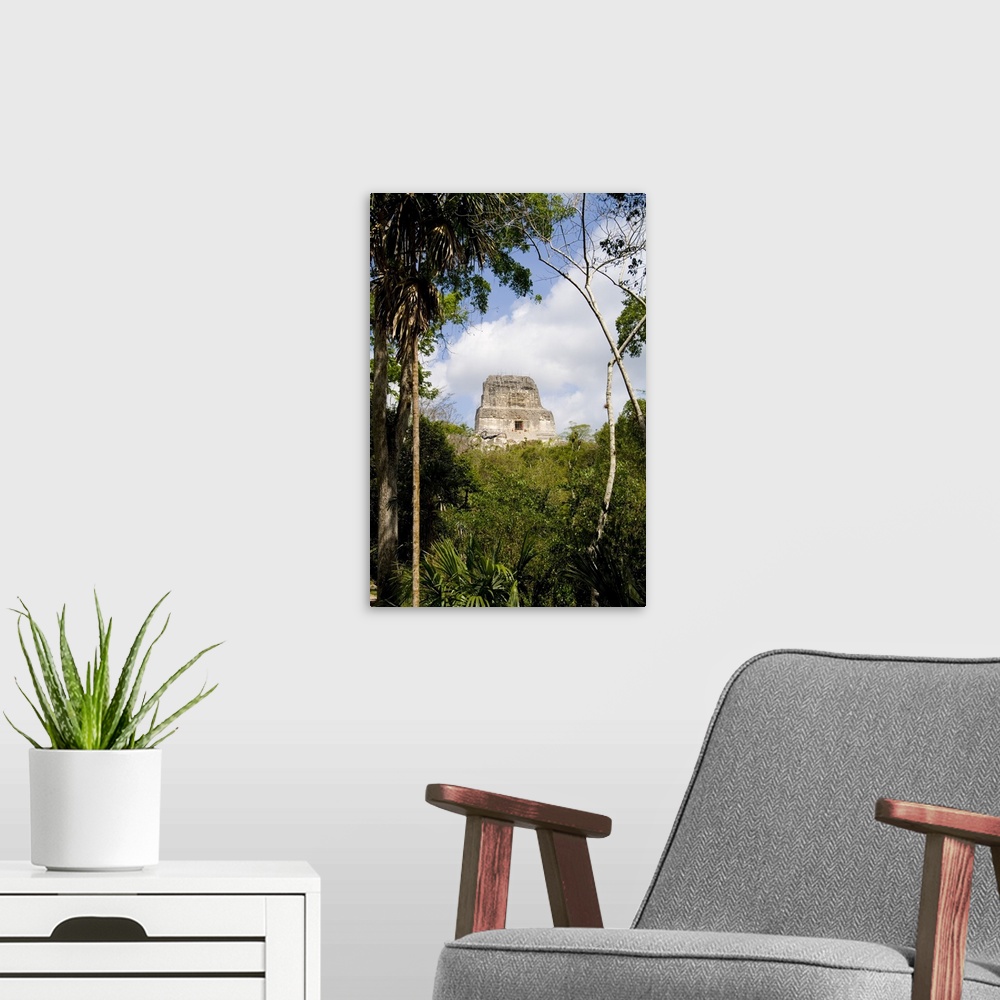 A modern room featuring Tower IV, the tallest ruin in the Americas at the famous Mayan Ruins in the Gran Plaza, showing t...