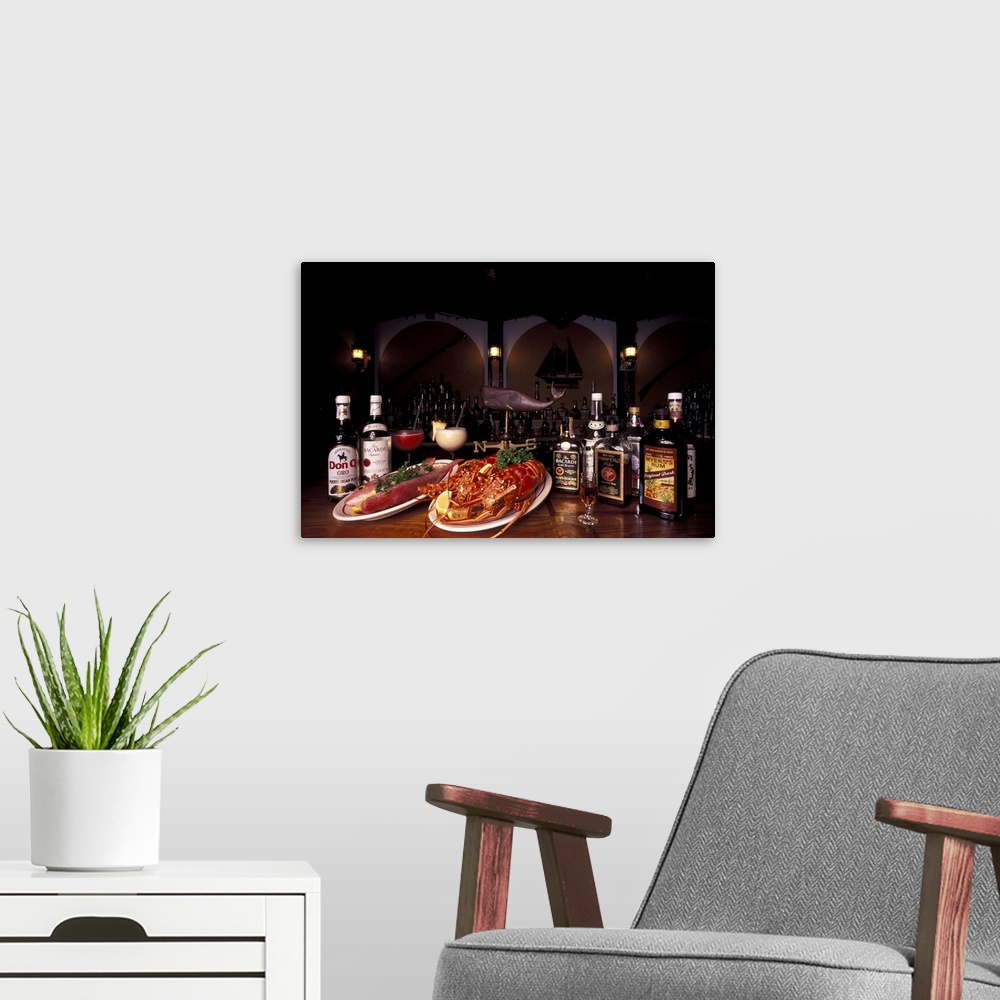A modern room featuring Puerto Rico, traditional food in Puerto Rico: lobster, fish, and rum.