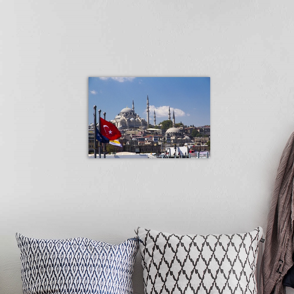 A bohemian room featuring Turkey, Istanbul. Seen from waterfront, with Turkish red flag, the Blue Mosque.