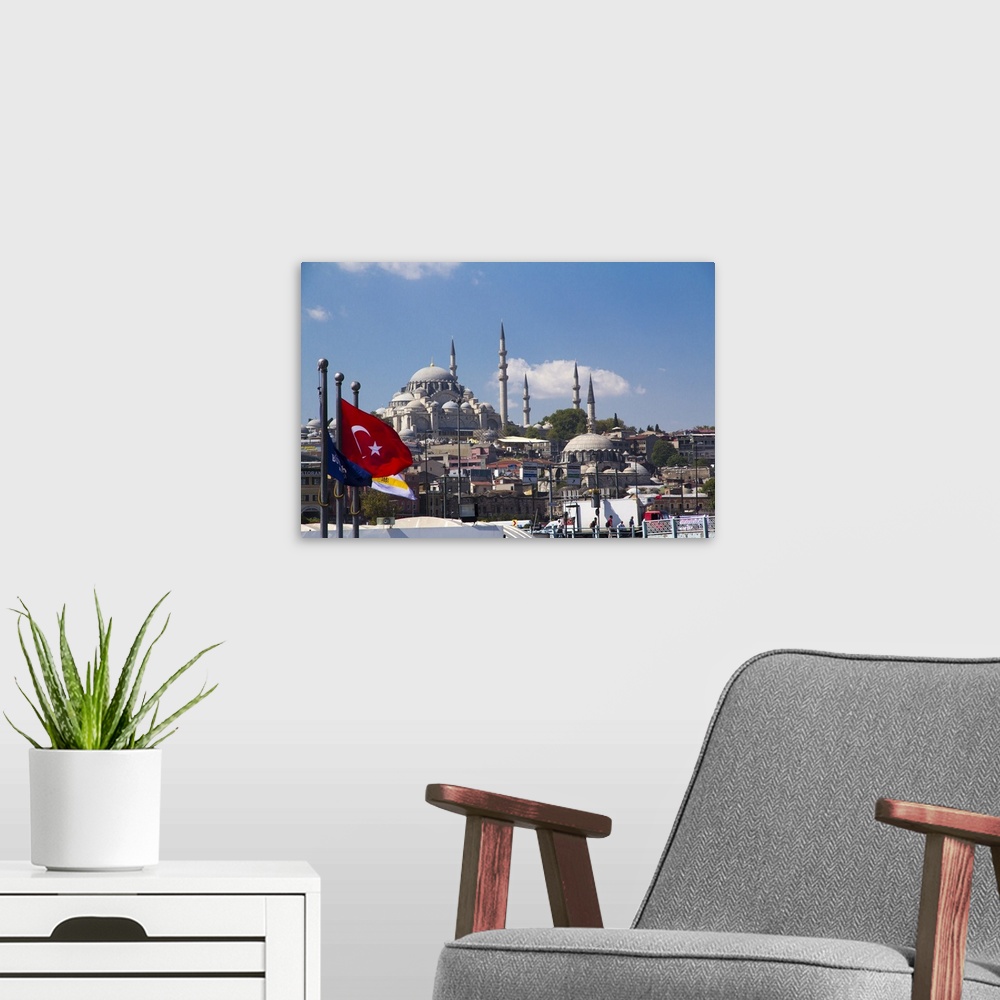 A modern room featuring Turkey, Istanbul. Seen from waterfront, with Turkish red flag, the Blue Mosque.