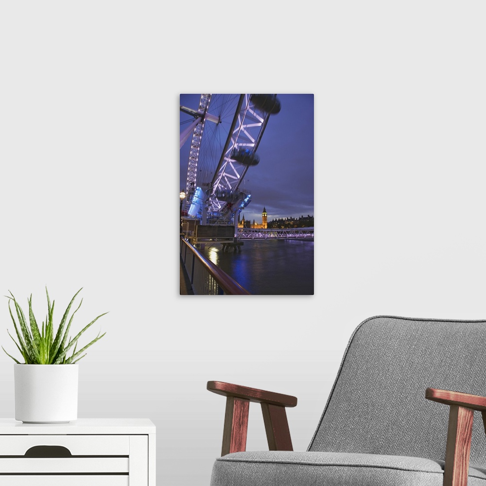 A modern room featuring Europe, Great Britain, London. Twilight view of the Clock Tower or Big Ben from the London Eye an...