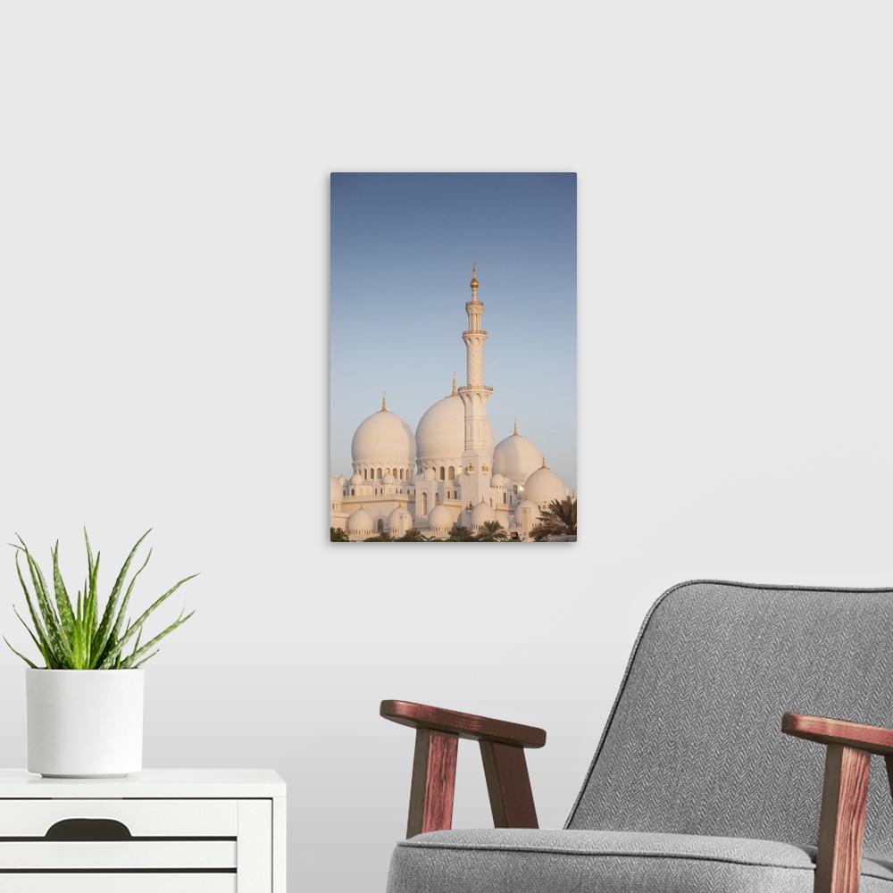 A modern room featuring UAE, Abu Dhabi, Sheikh Zayed bin Sultan Mosque, exterior, dawn