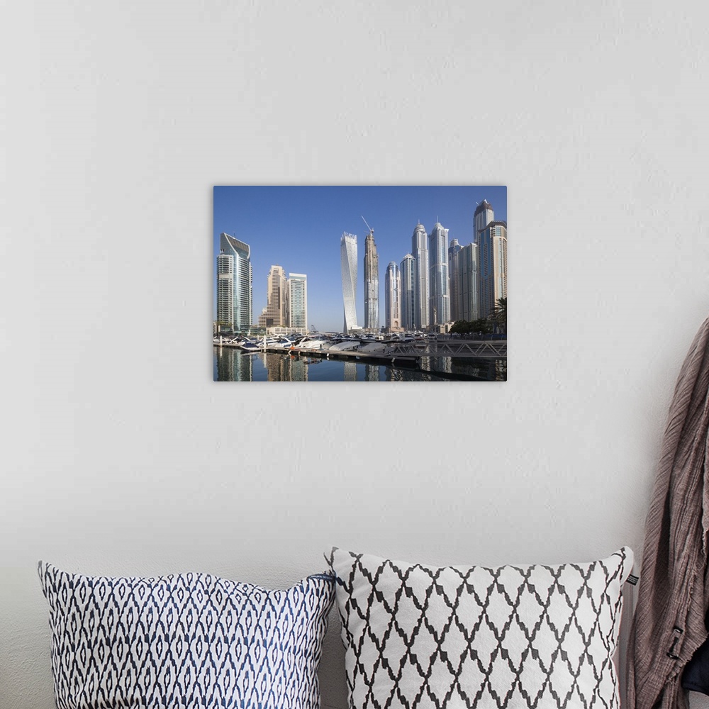A bohemian room featuring UAE, Dubai, Dubai Marina, high rise buildings including the twisted Cayan Tower, morning