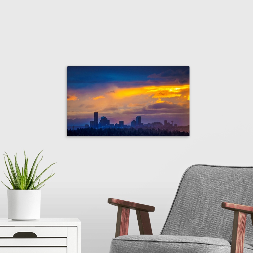 A modern room featuring United States, Washington, Lake Washington, Seattle skyline viewed from Bellevue at sunset.