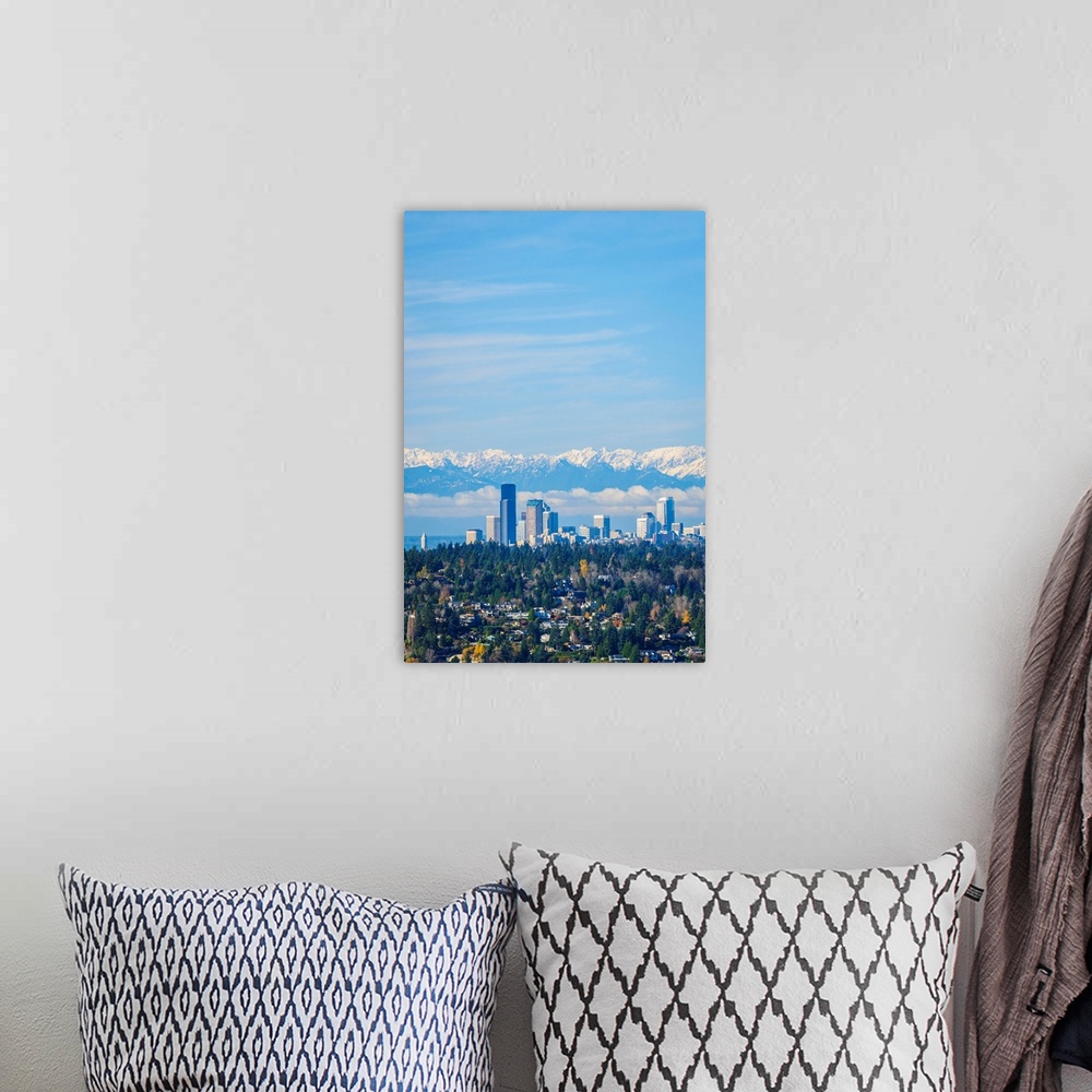 A bohemian room featuring United States, Washington. Seattle skyline and Olympic mountains viewed from Bellevue.