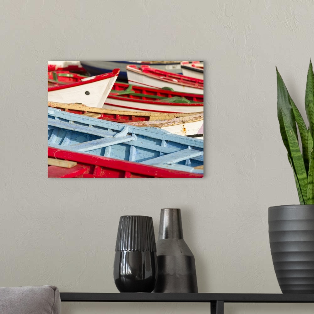 A modern room featuring Colorful traditional fishing boats at the historic waterfront. Cidade Velha, historic center of R...