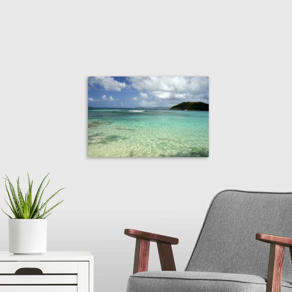 A modern room featuring Caribbean, U.S. Virgin Islands, St. John. Hawksnest Bay and beach. Virgin Islands National Park.