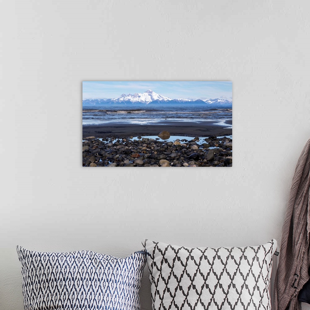 A bohemian room featuring USA, Alaska, Kenai Peninsula. Seascape with Mount Redoubt and beach.