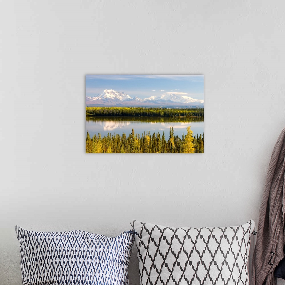 A bohemian room featuring USA, Alaska, Mt. Sanford and Mt. Drum and the Copper River in autumn.