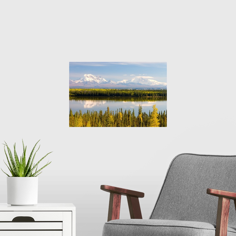 A modern room featuring USA, Alaska, Mt. Sanford and Mt. Drum and the Copper River in autumn.