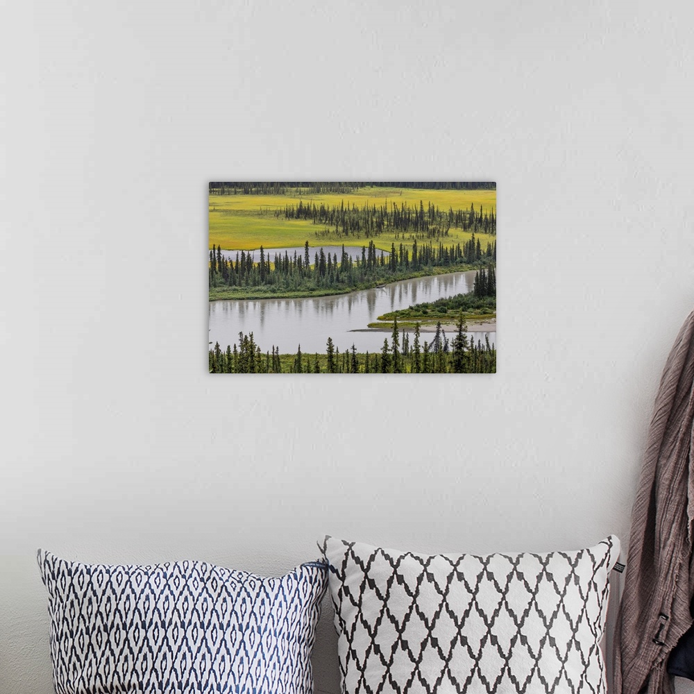 A bohemian room featuring USA, Alaska, Nenana River Valley. Landscape of valley, river, and pond.