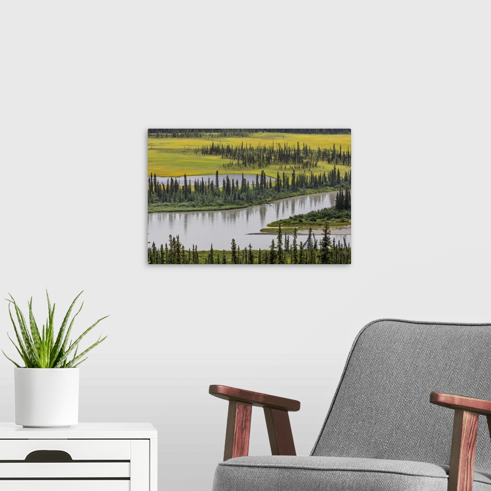 A modern room featuring USA, Alaska, Nenana River Valley. Landscape of valley, river, and pond.