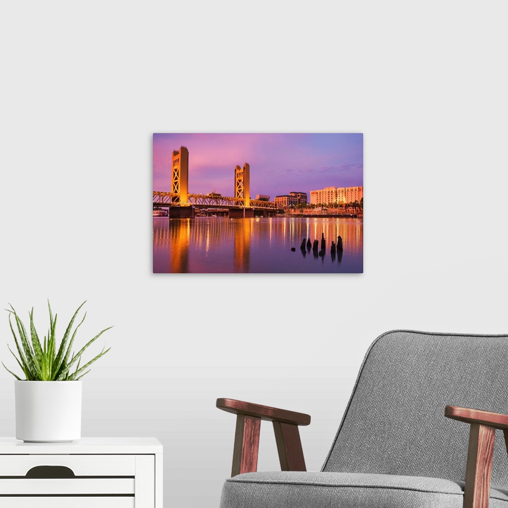 A modern room featuring USA, California, Sacramento. Sacramento River and Tower Bridge at sunset.