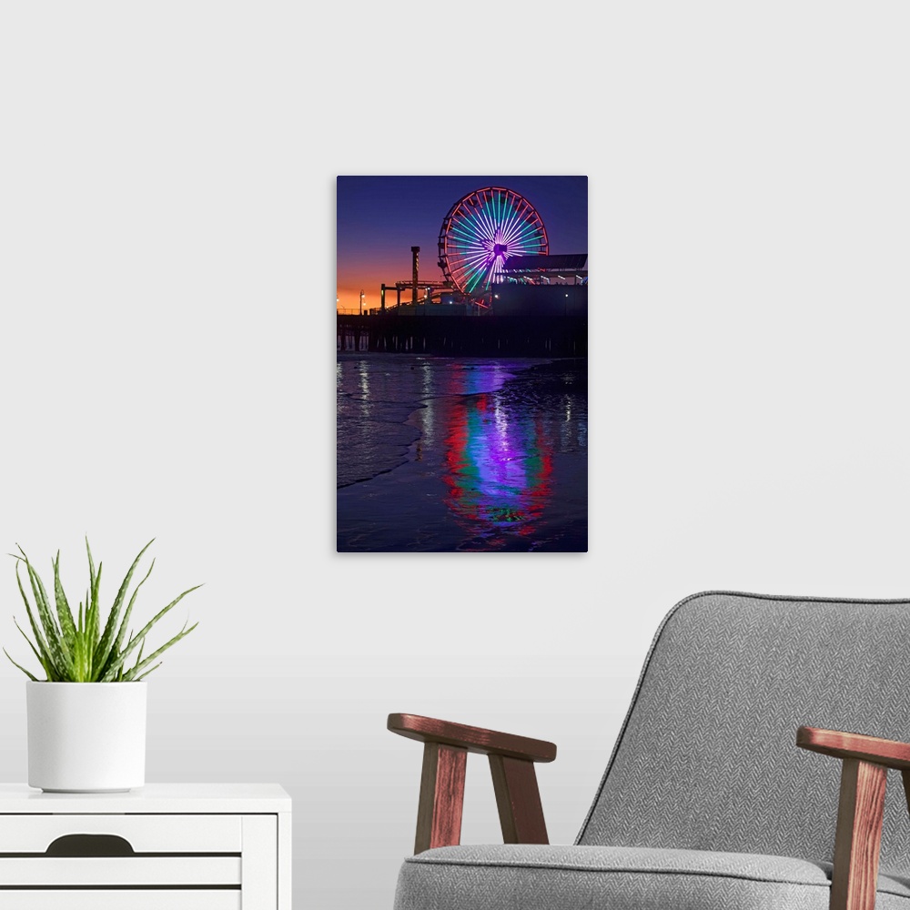 A modern room featuring USA, California, Santa Monica. Ferris wheel and Santa Monica Pier at sunset.