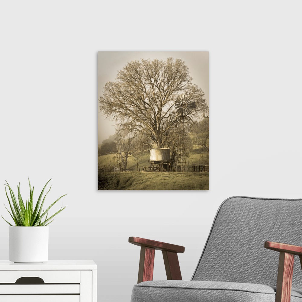 A modern room featuring USA, California, Shell Creek Road. Windmill, water tank and oak tree.