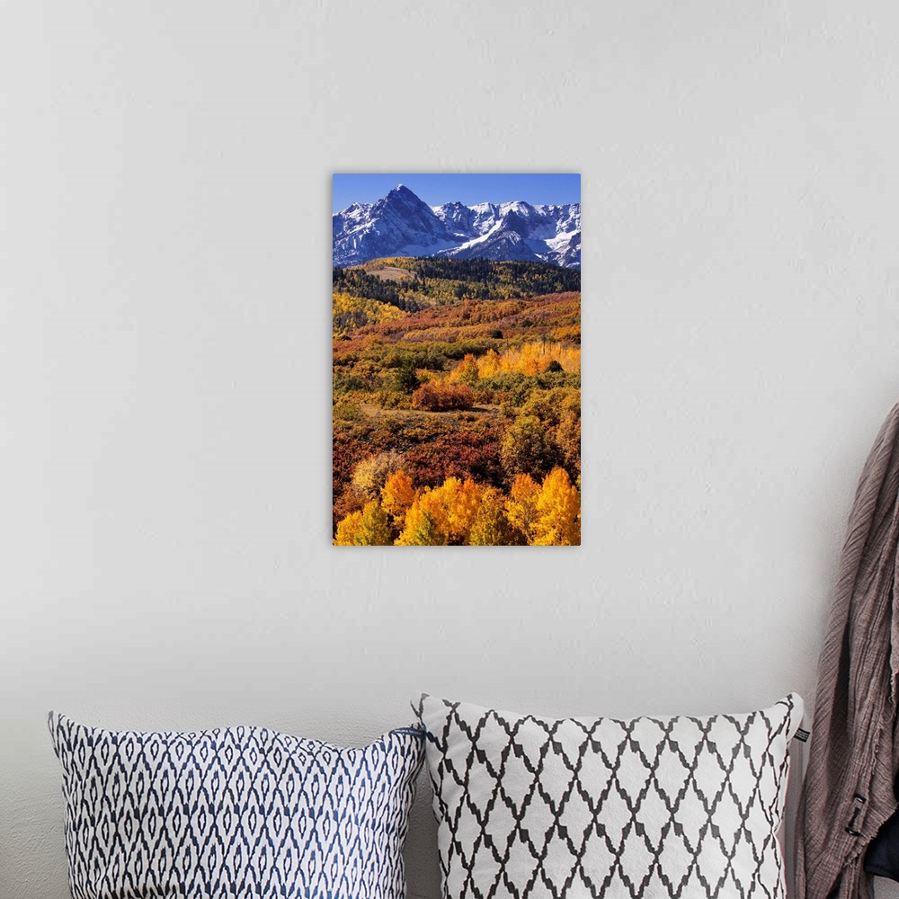 A bohemian room featuring USA, Colorado, San Juan Mountains. Mountain and valley landscape in autumn.