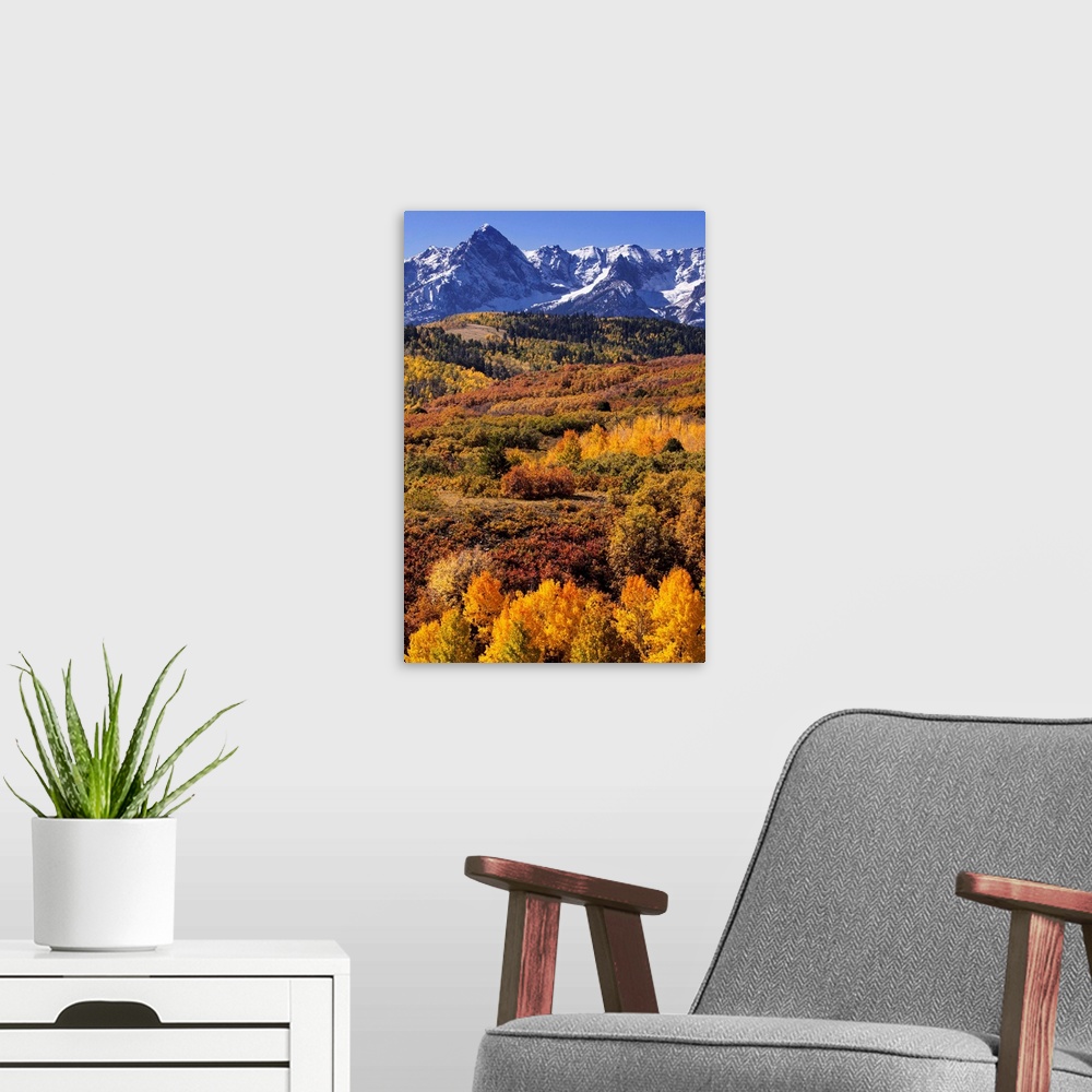 A modern room featuring USA, Colorado, San Juan Mountains. Mountain and valley landscape in autumn.