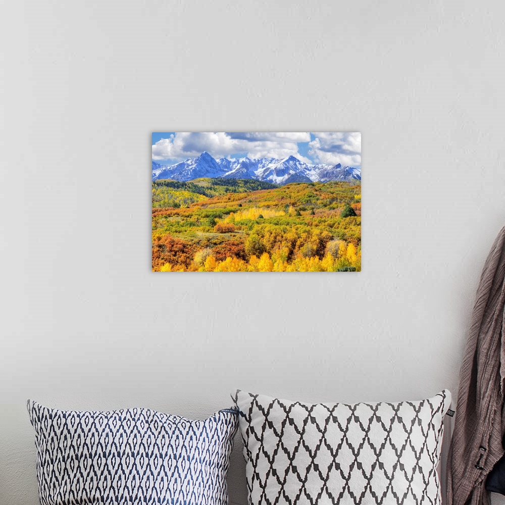 A bohemian room featuring USA, Colorado, San Juan Mountains. Mountain and valley landscape in autumn.