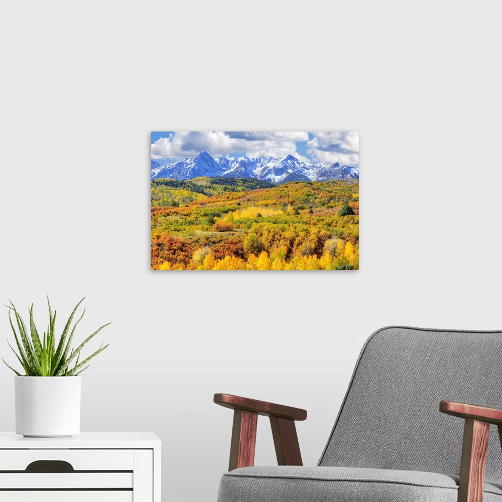 A modern room featuring USA, Colorado, San Juan Mountains. Mountain and valley landscape in autumn.