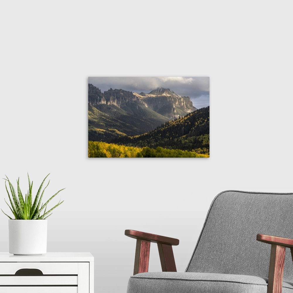 A modern room featuring USA, Colorado, Uncompahgre National Forest. Rainstorm over Pinnacle Ridge in autumn. United State...
