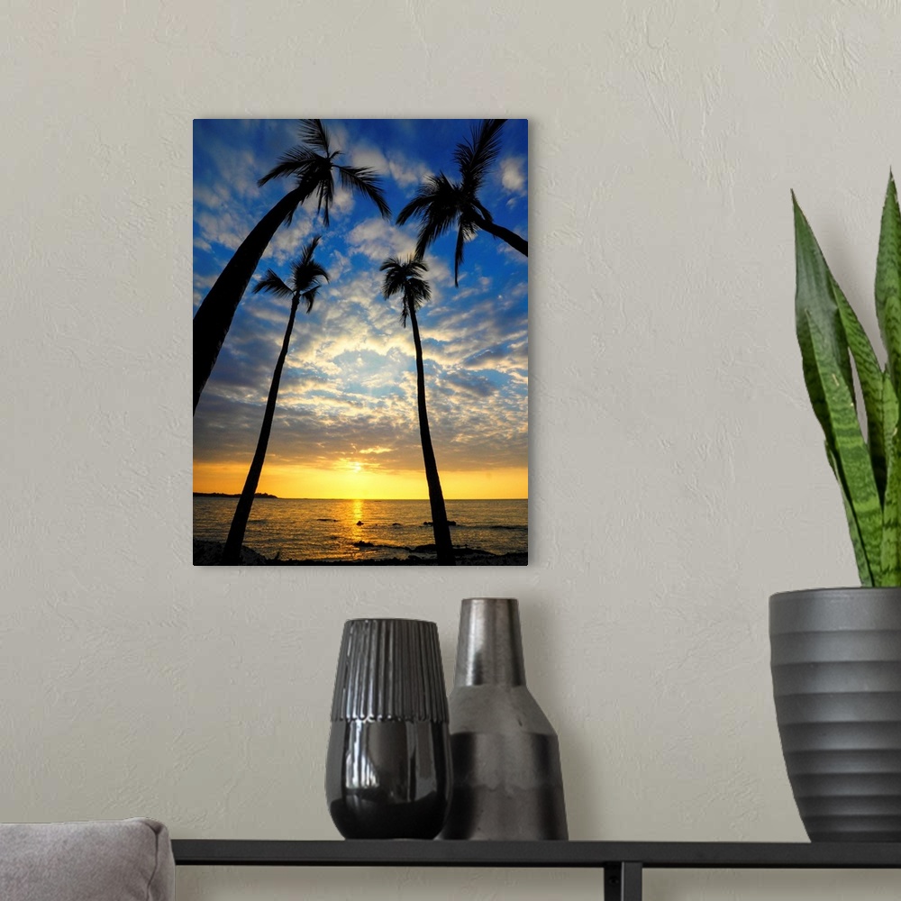 A modern room featuring USA, Hawaii, Big Island. Sun setting on Anaehoomalu Bay.
