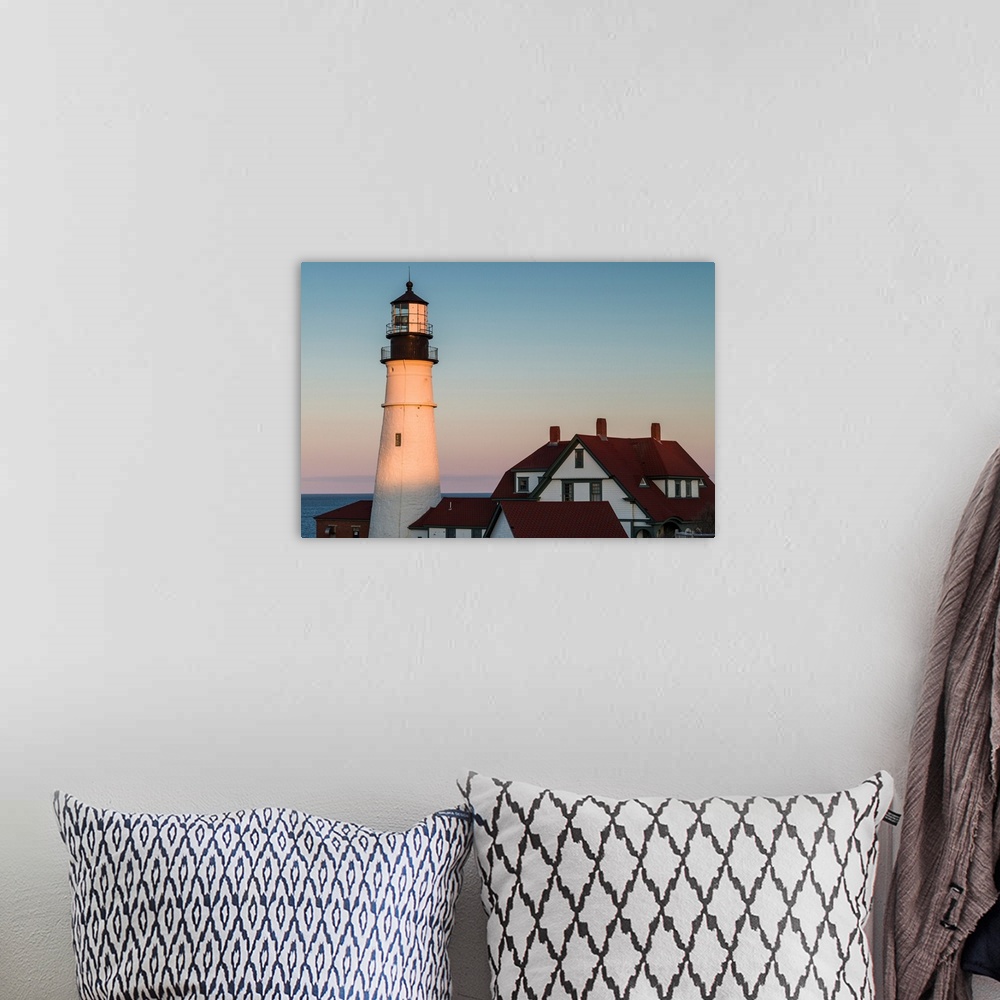 A bohemian room featuring USA, Maine, Portland, Cape Elizabeth, Portland Head Light, lighthouse at dusk