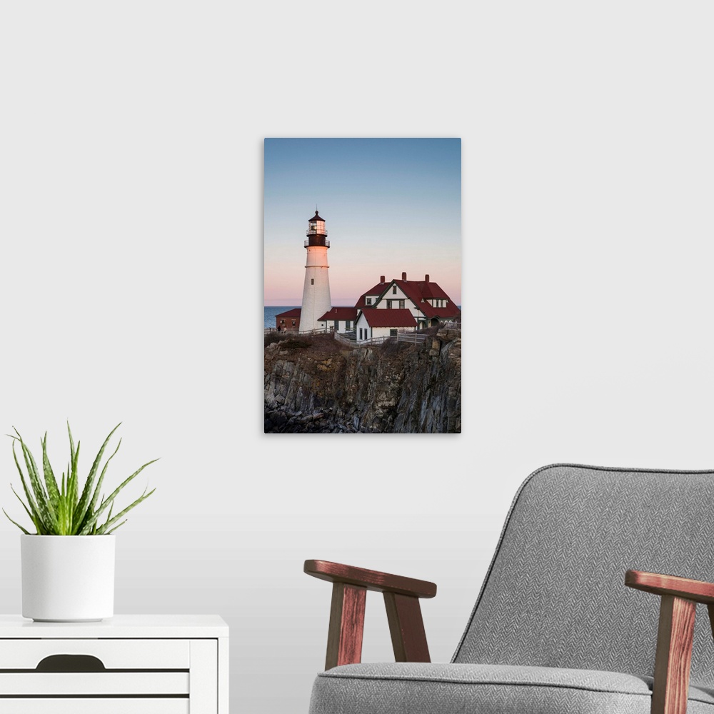 A modern room featuring USA, Maine, Portland, Cape Elizabeth, Portland Head Light, lighthouse at dusk