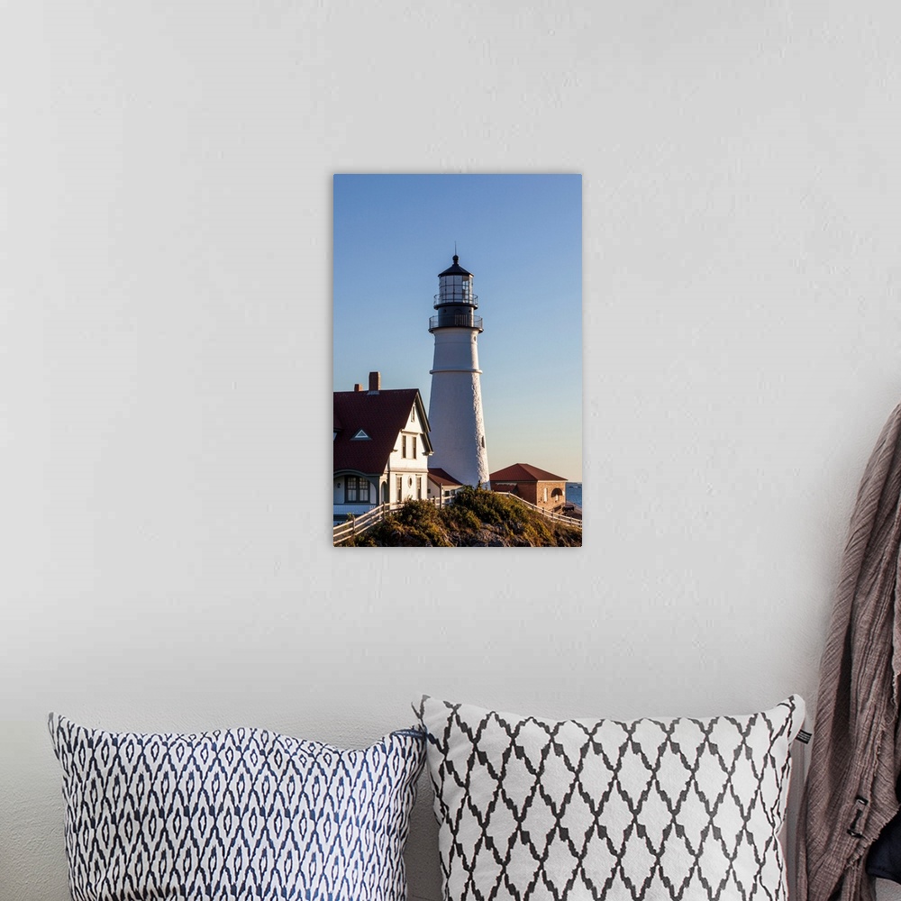 A bohemian room featuring USA, Maine, Portland, Cape Elizabeth, Portland Head Light, lighthouse, morning