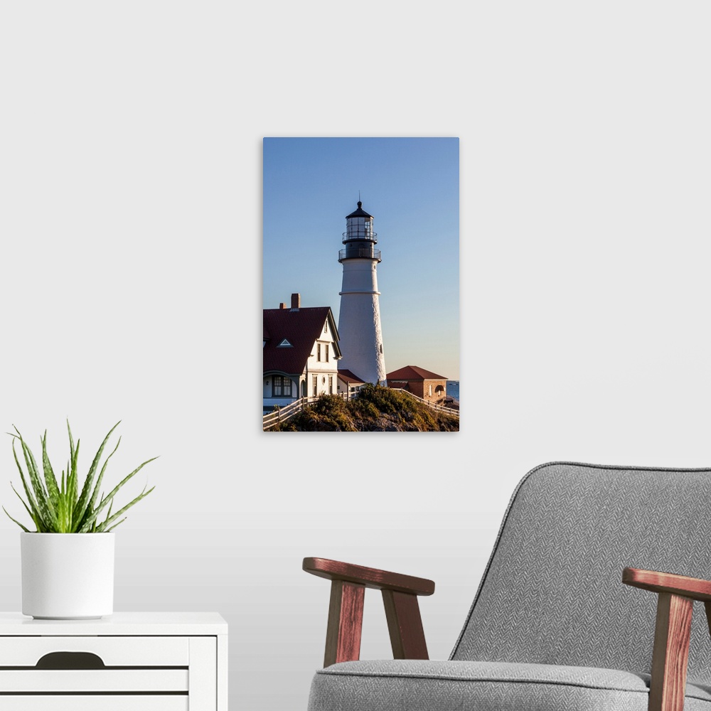 A modern room featuring USA, Maine, Portland, Cape Elizabeth, Portland Head Light, lighthouse, morning