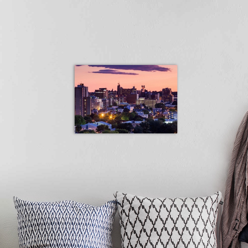 A bohemian room featuring USA, Maine, Portland, skyline from Munjoy Hill at dusk