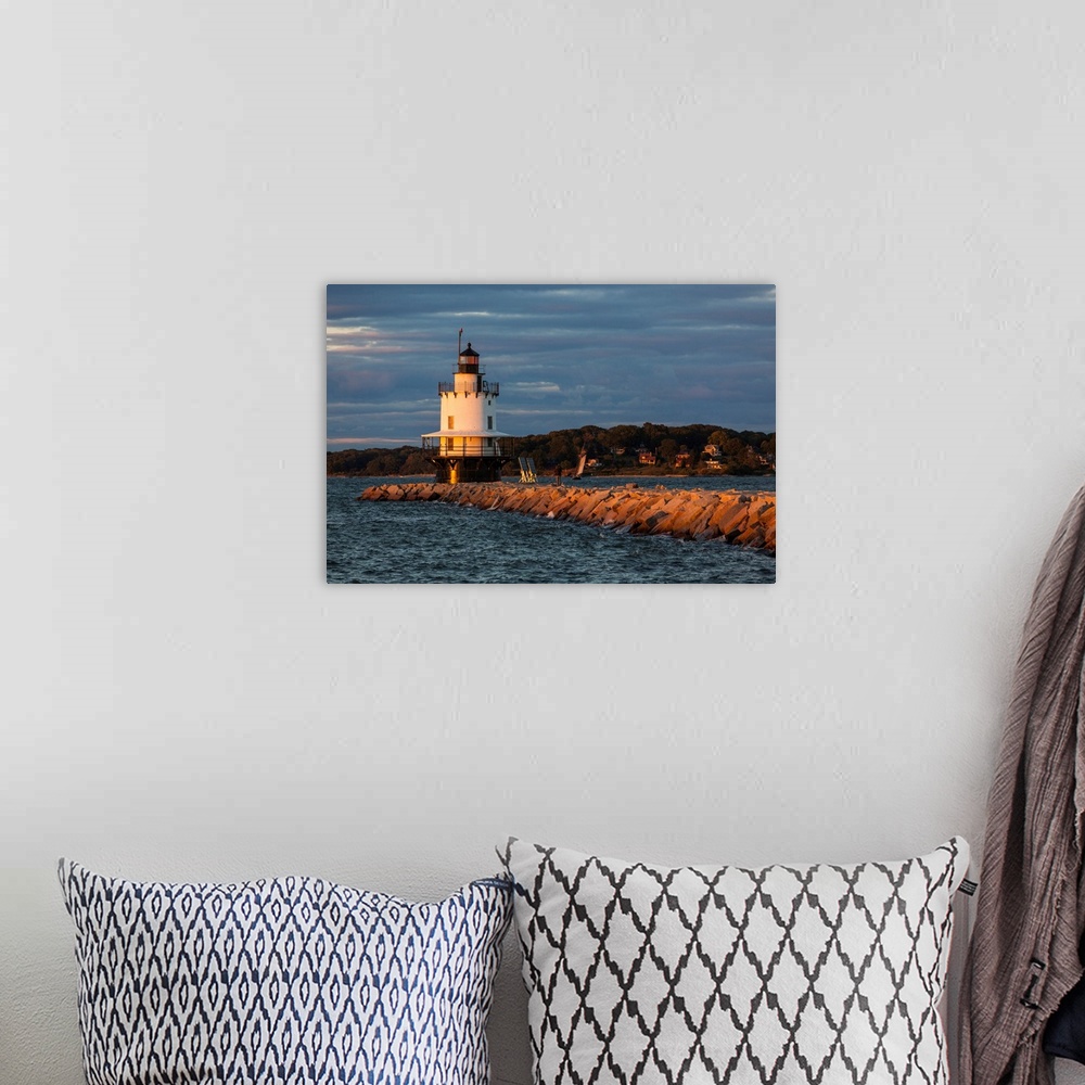 A bohemian room featuring USA, Maine, Portland, Spring Point Ledge Lighthouse, sunset