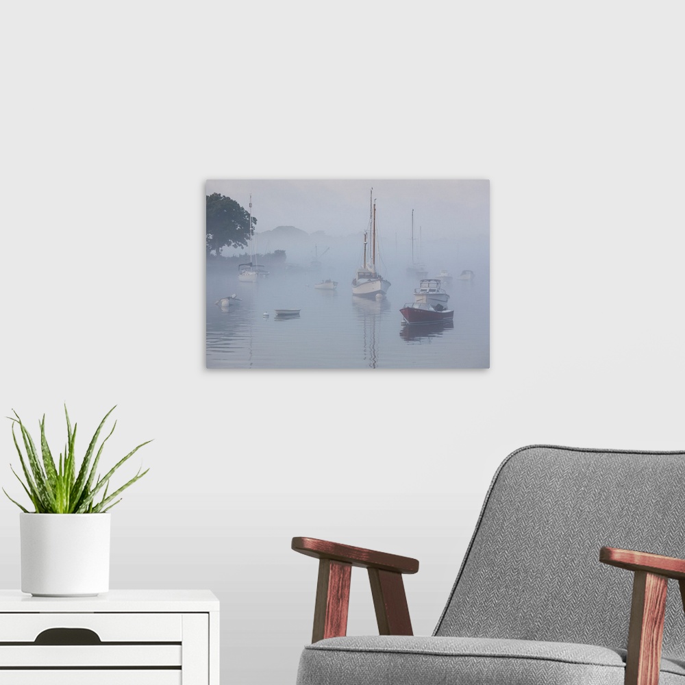 A modern room featuring USA, Massachusetts, Cape Ann, boats in Annisquam Harbor in fog