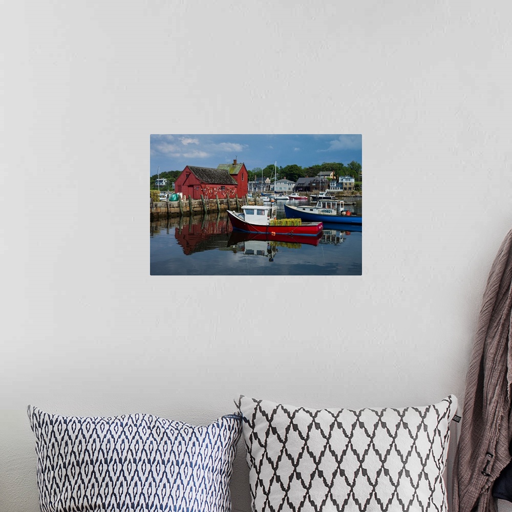 A bohemian room featuring USA, Massachusetts, Cape Ann, Rockport, Rockport Harbor, boats and Motif Number One, famous fishi...