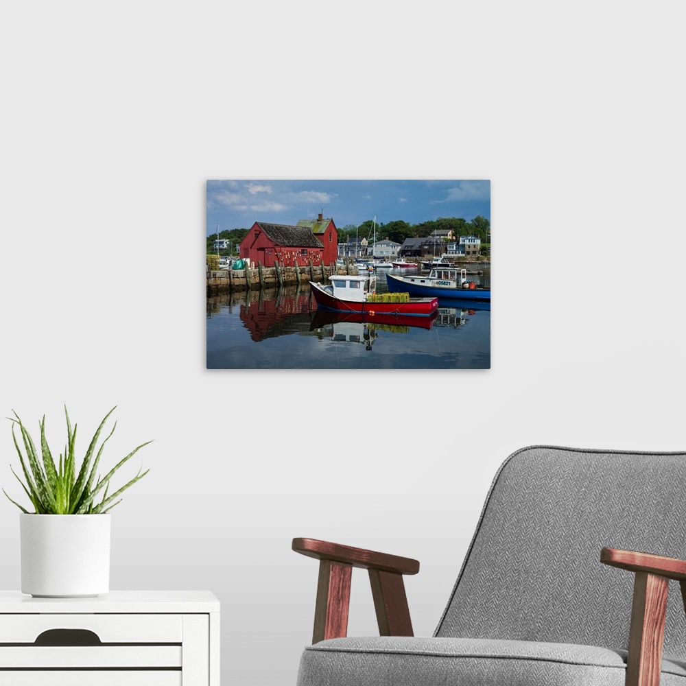 A modern room featuring USA, Massachusetts, Cape Ann, Rockport, Rockport Harbor, boats and Motif Number One, famous fishi...
