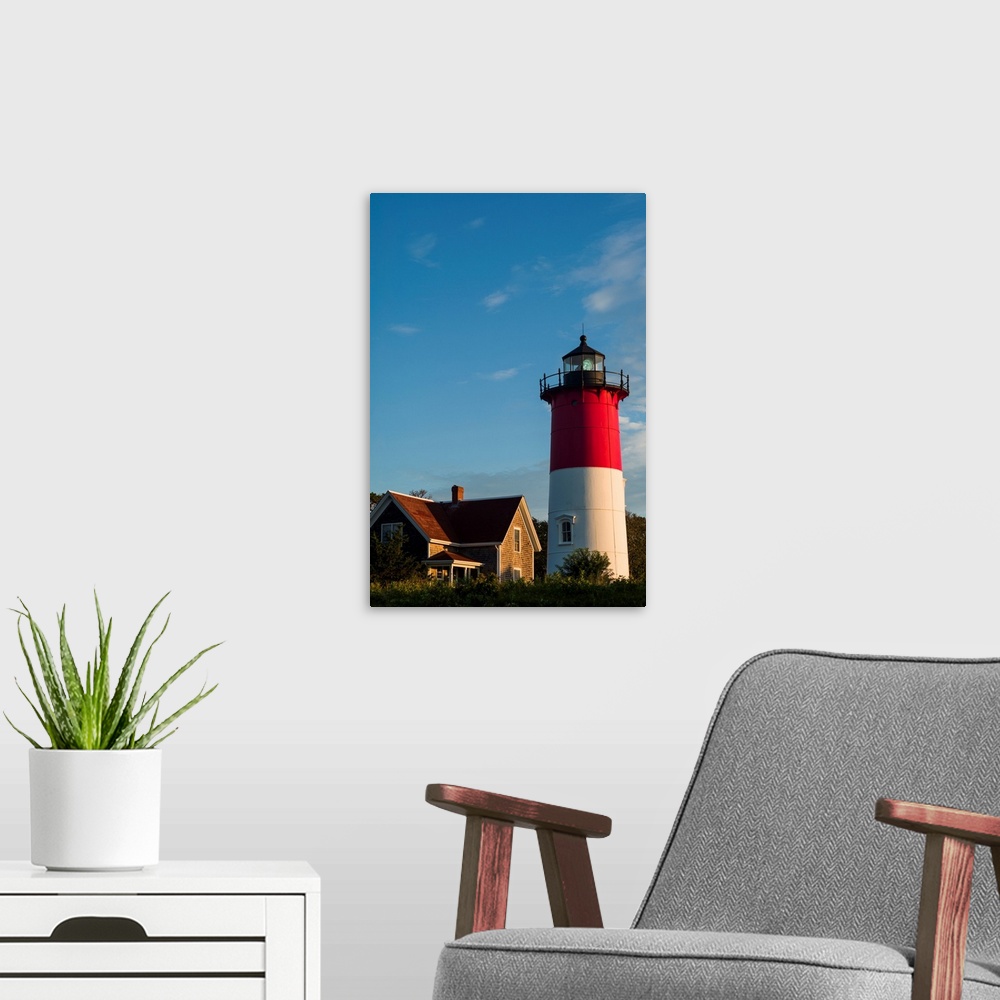 A modern room featuring USA, Massachusetts, Cape Cod, Eastham, Nauset Lighthouse at dawn