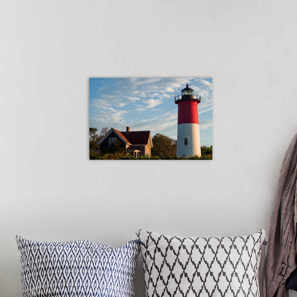 A bohemian room featuring USA, Massachusetts, Cape Cod, Eastham, Nauset Lighthouse at dawn