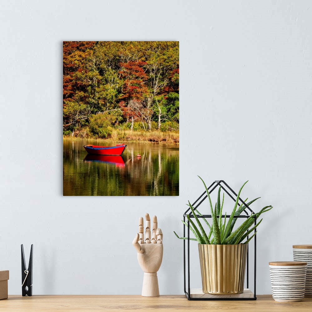 A bohemian room featuring USA, Massachusetts, Cape Cod, Red dory on Herring River